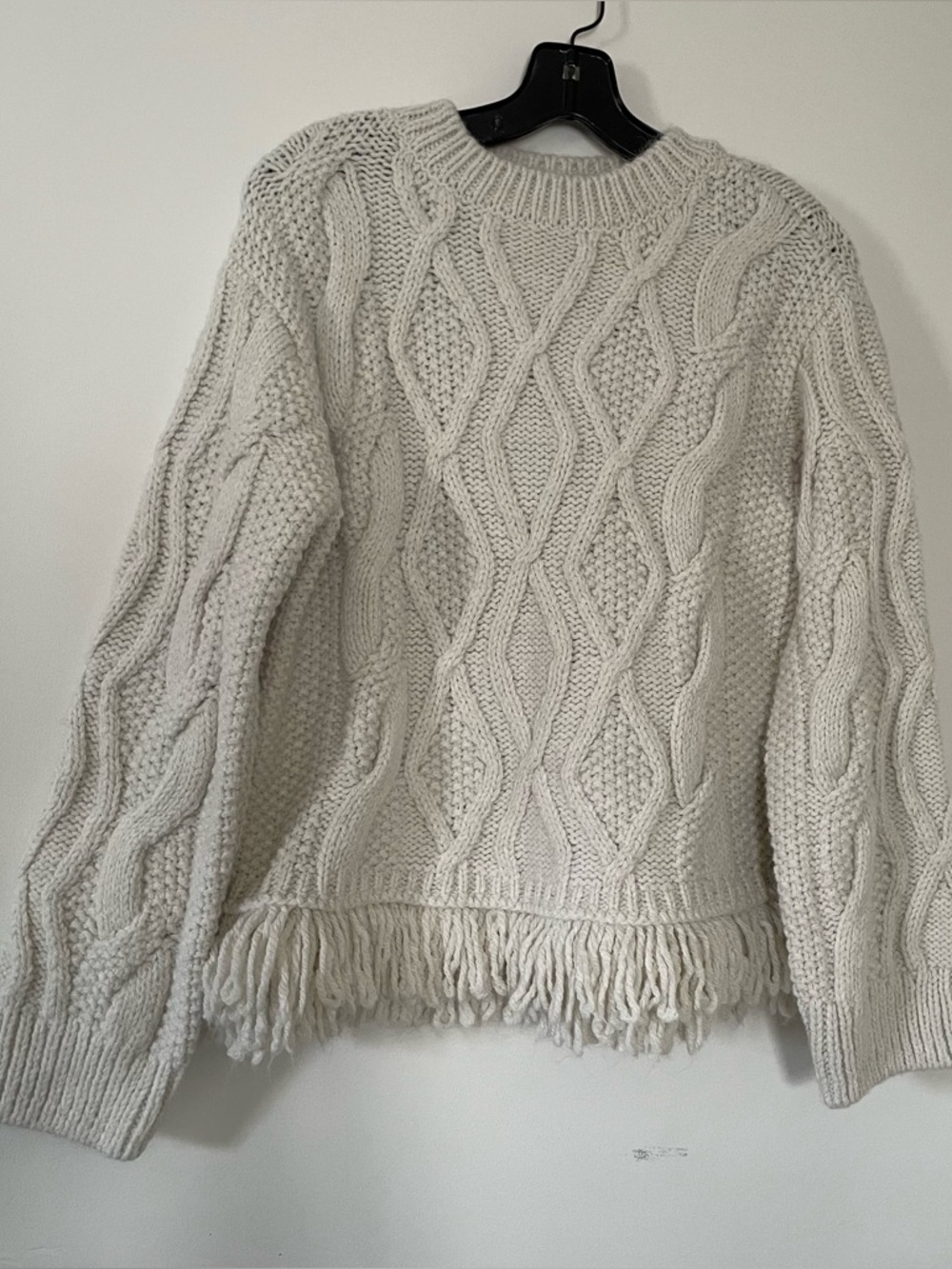Cream Cable Knit Fringe Sweater Womens Small Cozy Coastal Grandma Quiet Luxury